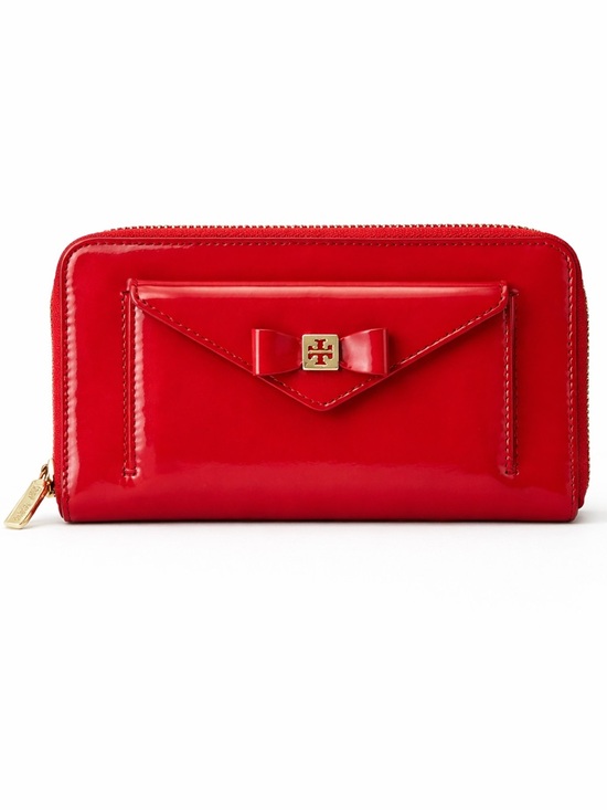 Tory Burch Red Patent Leather Bow Wallet Zip Around Clutch Gold Logo Designer - Picture 2 of 8